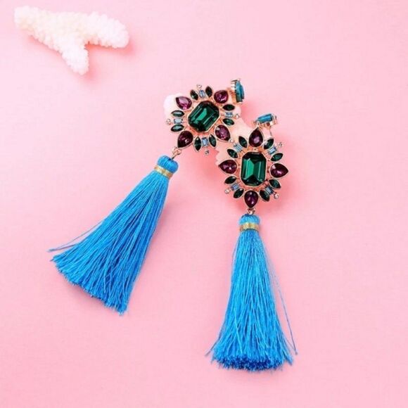 Flower Crystal Blue Tassel Fringe Vintage Gold Dangle Statement Earrings - Picture 8 of 9